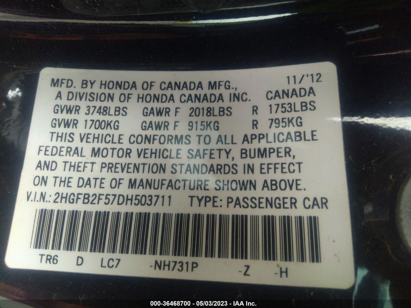 2013 HONDA CIVIC SDN LX - 2HGFB2F57DH503711