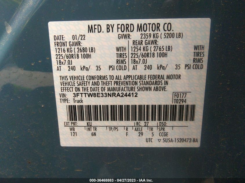 2022 FORD MAVERICK XL/XLT/LARIAT - 3FTTW8E33NRA24412