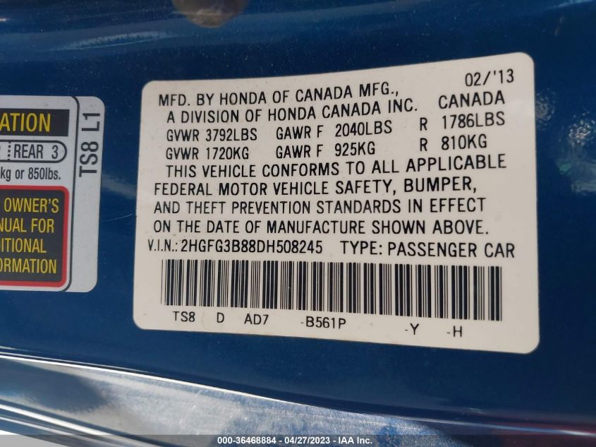 2013 HONDA CIVIC CPE EX - 2HGFG3B88DH508245