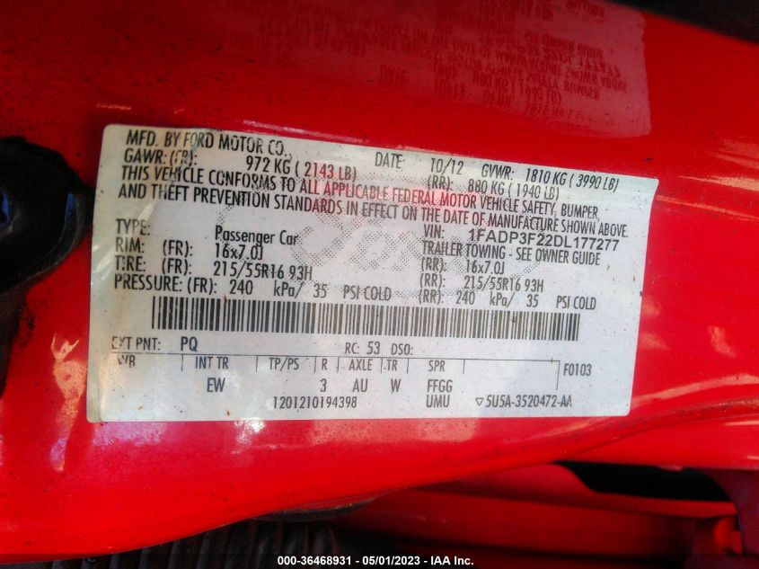 2013 FORD FOCUS SE - 1FADP3F22DL177277