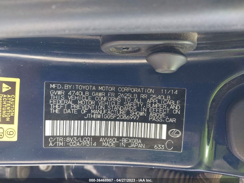 2015 LEXUS ES 300H HYBRID JTHBW1GG5F2086997