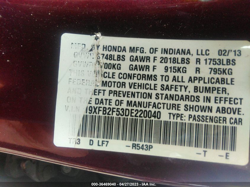 2013 HONDA CIVIC SDN LX - 19XFB2F53DE220040