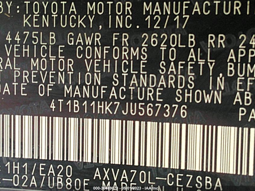 2018 TOYOTA CAMRY LE/SE/XLE/L - 4T1B11HK7JU567376