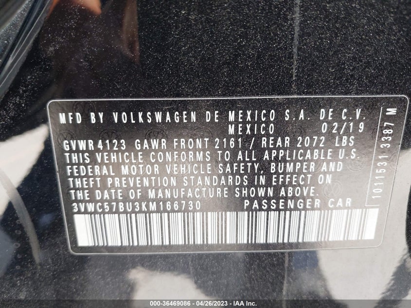 VIN 3VWC57BU3KM166730 2019 VOLKSWAGEN JETTA S/SE/R-LINE