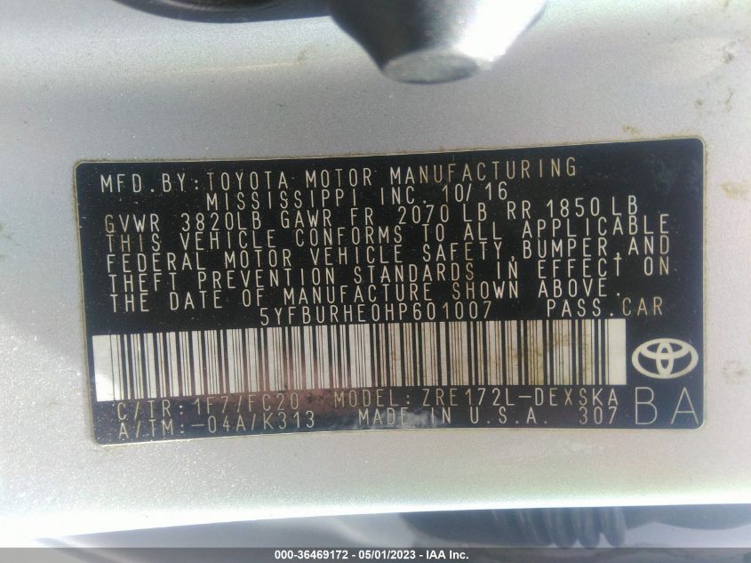 2017 TOYOTA COROLLA L/LE/XLE/SE - 5YFBURHE0HP601007