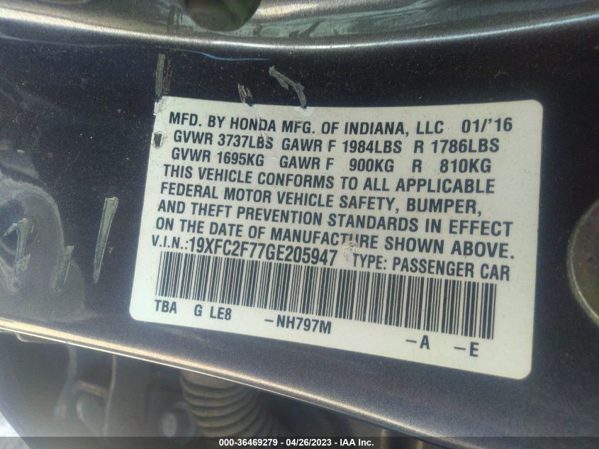 2016 HONDA CIVIC SEDAN EX - 19XFC2F77GE205947