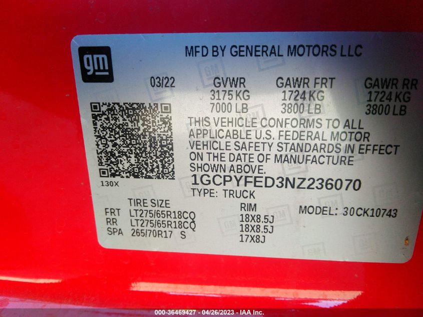 2022 CHEVROLET SILVERADO 1500 LTD LT TRAIL BOSS 1GCPYFED3NZ236070