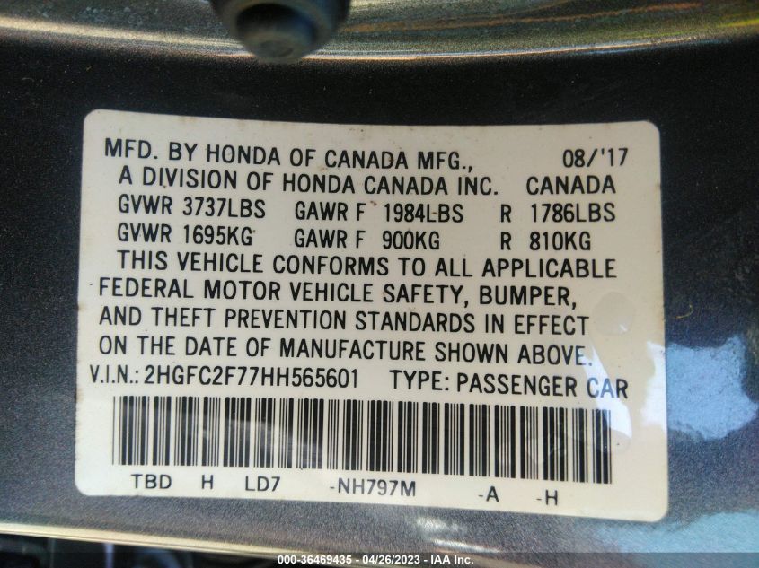2017 HONDA CIVIC SEDAN EX - 2HGFC2F77HH565601