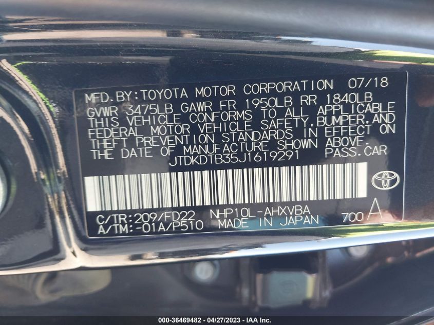 2018 TOYOTA PRIUS C ONE/TWO/THREE/FOUR - JTDKDTB35J1619291