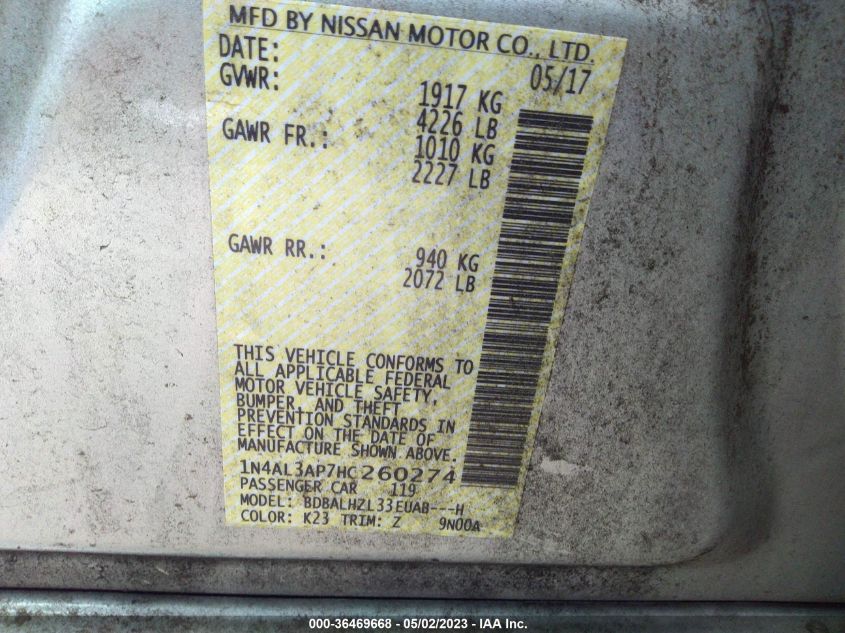 2017 NISSAN ALTIMA 2.5 SR - 1N4AL3AP7HC260274