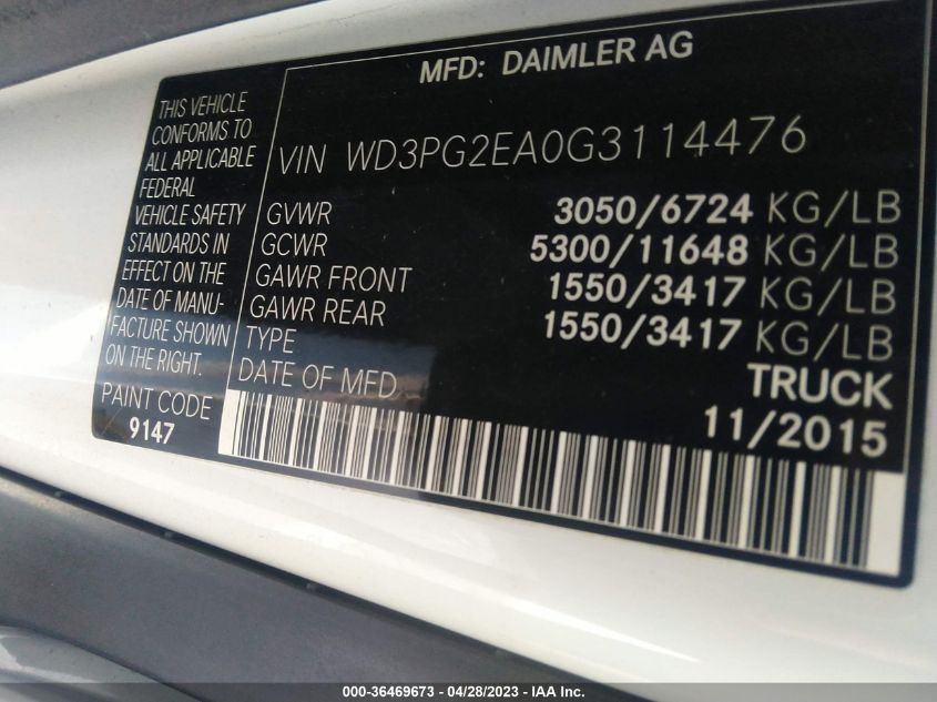 2016 MERCEDES-BENZ METRIS CARGO VAN WD3PG2EA0G3114476