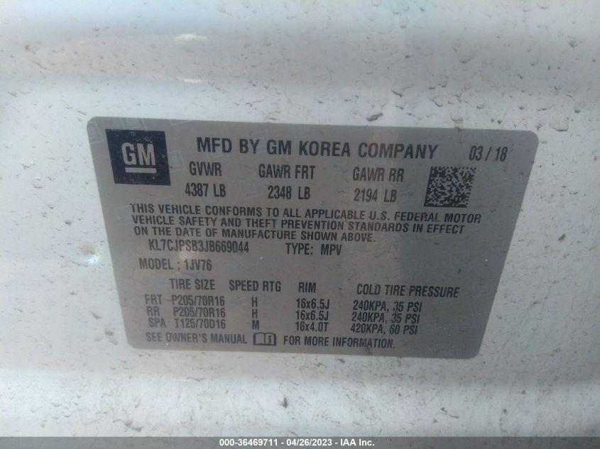 2018 CHEVROLET TRAX LT - KL7CJPSB3JB669044