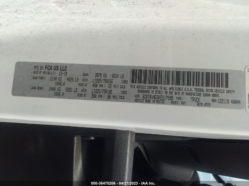 2019 RAM PROMASTER CARGO VAN - 3C6TRVAG3KE517595