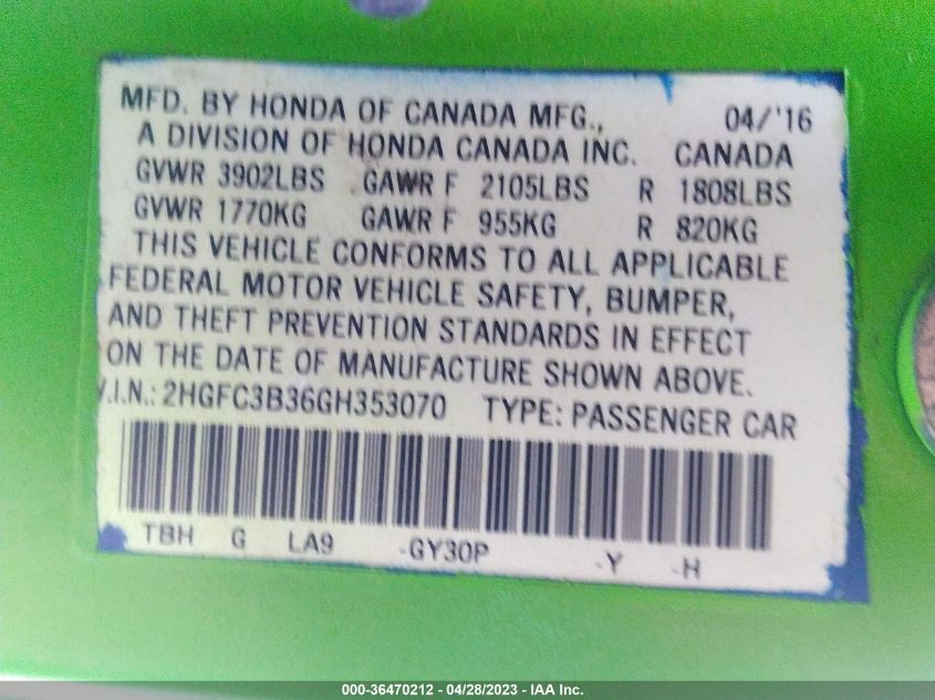 2016 HONDA CIVIC COUPE EX-T - 2HGFC3B36GH353070