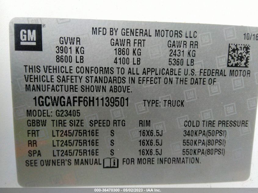 2017 CHEVROLET EXPRESS CARGO VAN - 1GCWGAFF6H1139501