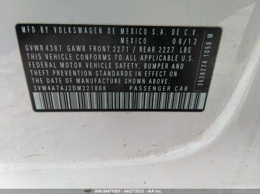 2013 VOLKSWAGEN GLI 3VW4A7AJ2DM221808