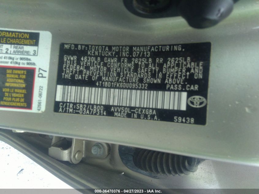 2013 TOYOTA CAMRY HYBRID LE/XLE - 4T1BD1FK6DU095332