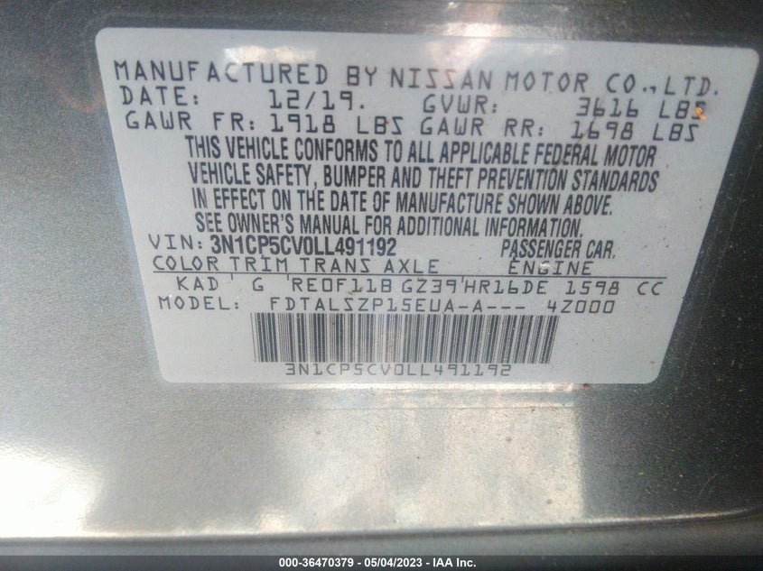 VIN 3N1CP5CV0LL491192 2020 NISSAN KICKS SV
