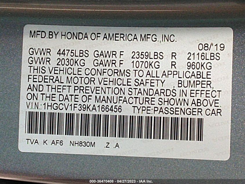2019 HONDA ACCORD SEDAN SPORT 1.5T - 1HGCV1F39KA166456