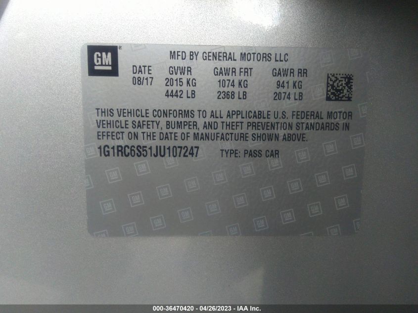 2018 CHEVROLET VOLT LT - 1G1RC6S51JU107247