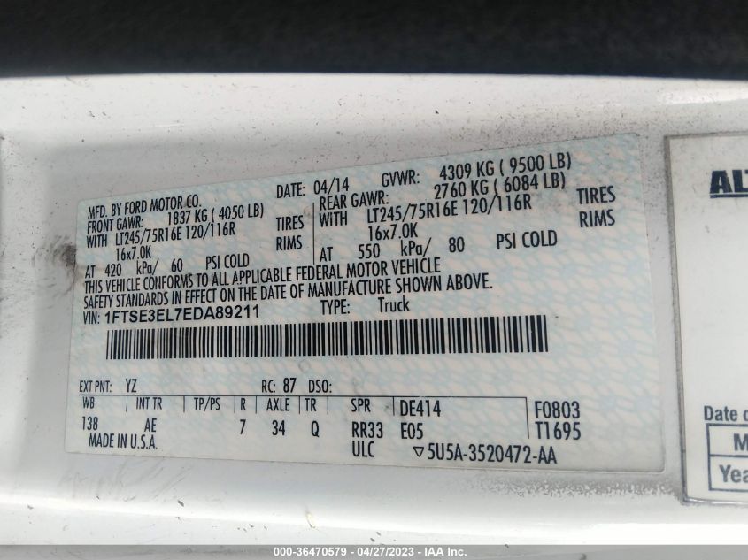 2014 FORD ECONOLINE CARGO VAN COMMERCIAL 1FTSE3EL7EDA89211
