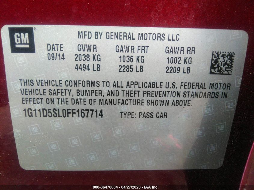 2015 CHEVROLET MALIBU LT - 1G11D5SL0FF167714