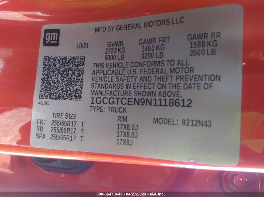 2022 CHEVROLET COLORADO 4WD LT - 1GCGTCEN9N1118612