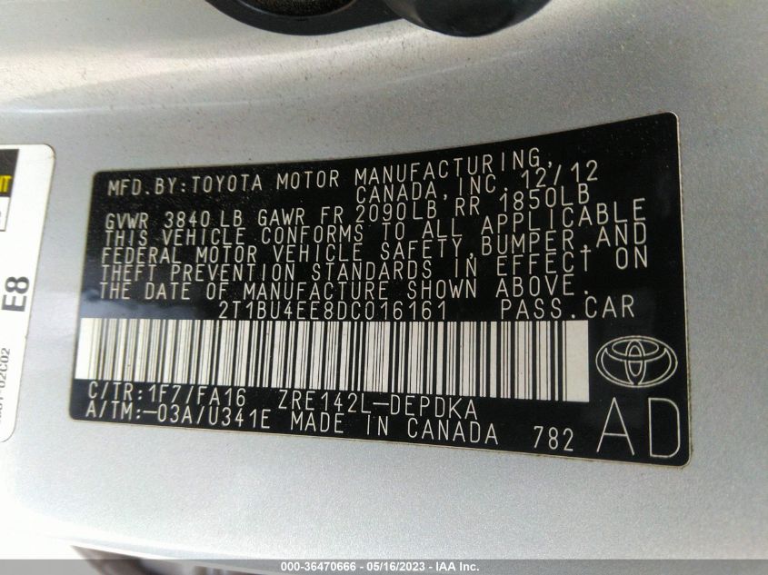 2013 TOYOTA COROLLA L/LE/S - 2T1BU4EE8DC016161