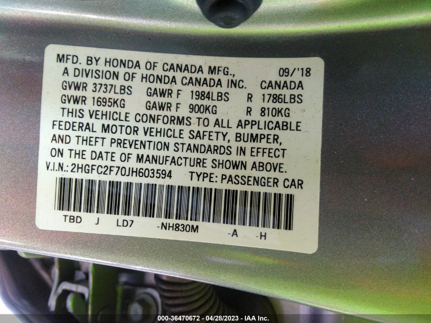 2018 HONDA CIVIC SEDAN EX - 2HGFC2F70JH603594