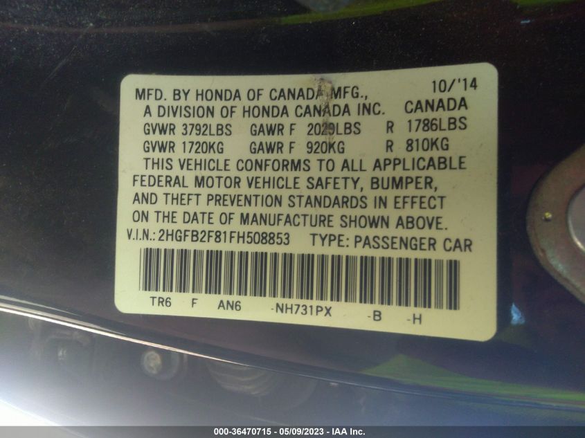 2015 HONDA CIVIC SEDAN EX - 2HGFB2F81FH508853