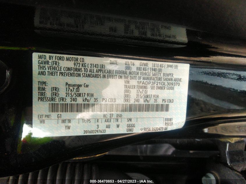 2016 FORD FOCUS SE - 1FADP3F21GL309370
