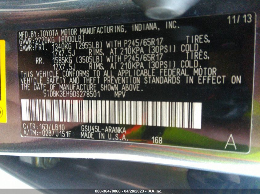 2013 TOYOTA HIGHLANDER - 5TDBK3EH9DS278501