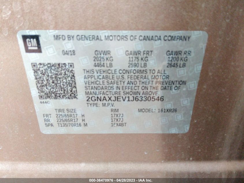 2018 CHEVROLET EQUINOX LT - 2GNAXJEV1J6330546