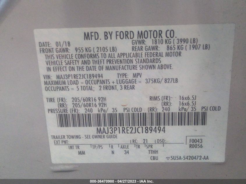 2018 FORD ECOSPORT S - MAJ3P1RE2JC189494