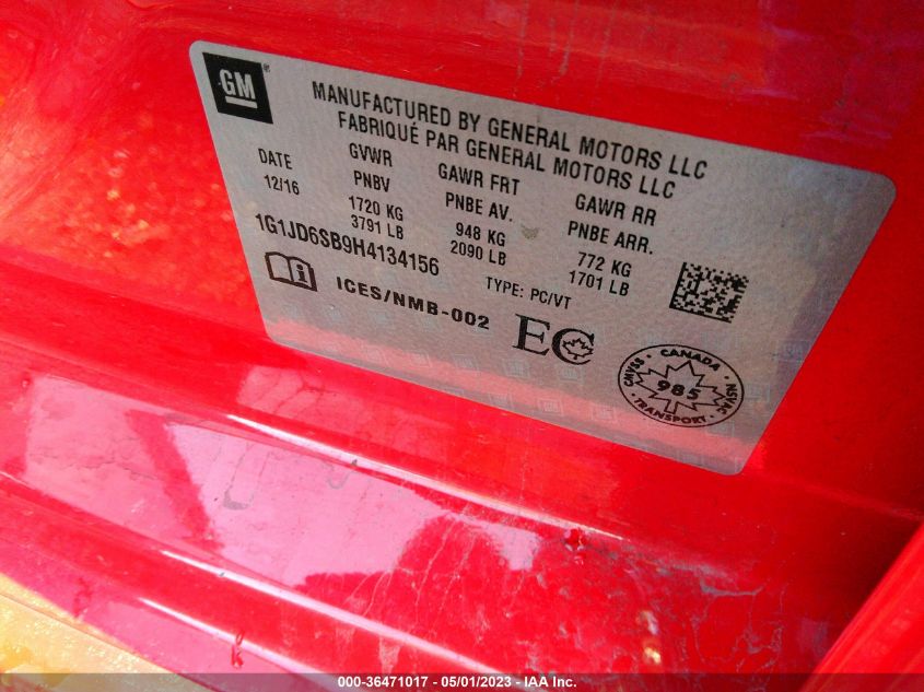 2017 CHEVROLET SONIC LT - 1G1JD6SB9H4134156