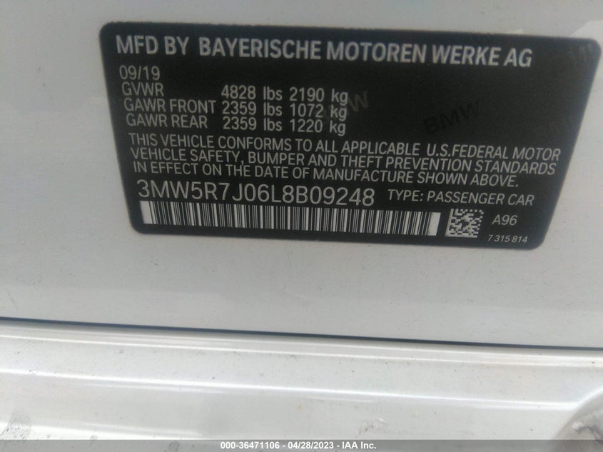 Image 9 of 2020 BMW 3 SERIES  salvage vehicle - Lot #36471106 at IAAI