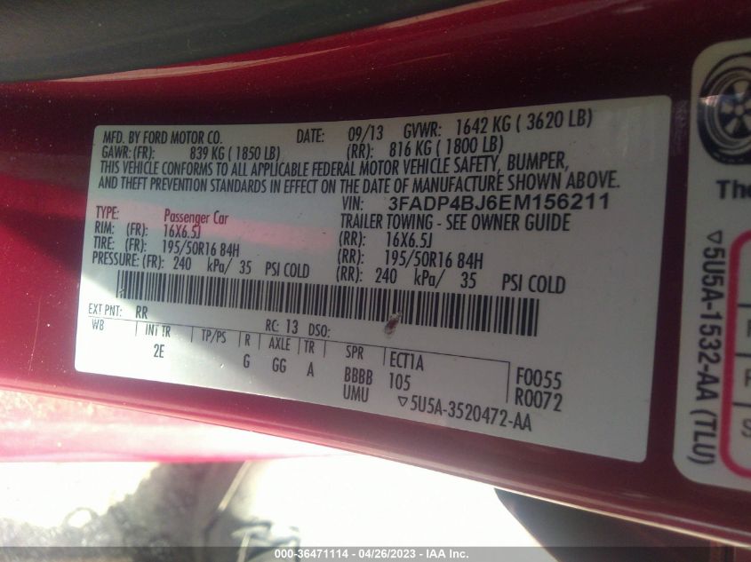 2014 FORD FIESTA SE - 3FADP4BJ6EM156211