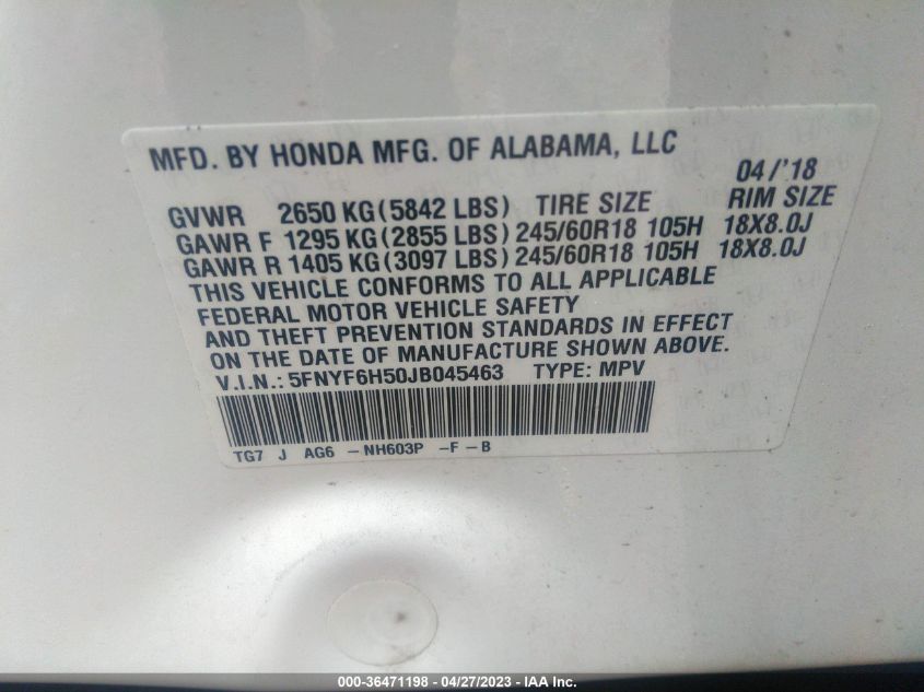 2018 HONDA PILOT EX-L - 5FNYF6H50JB045463
