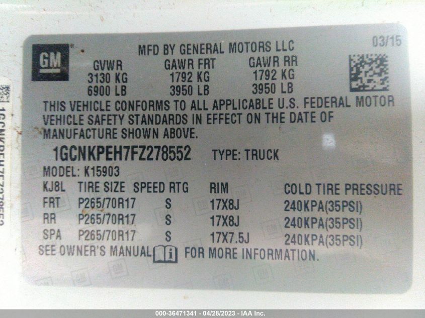 2015 CHEVROLET SILVERADO 1500 WORK TRUCK - 1GCNKPEH7FZ278552