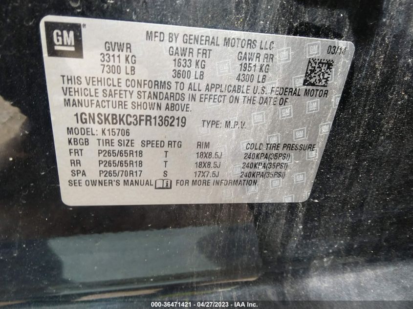 2015 CHEVROLET TAHOE LT - 1GNSKBKC3FR136219