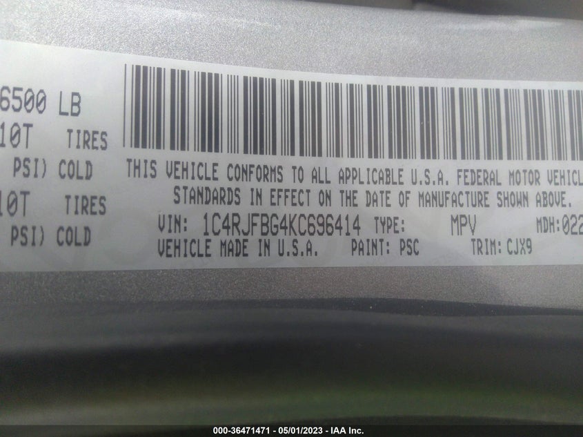VIN 1C4RJFBG4KC696414 2019 JEEP GRAND CHEROKEE LIMITED