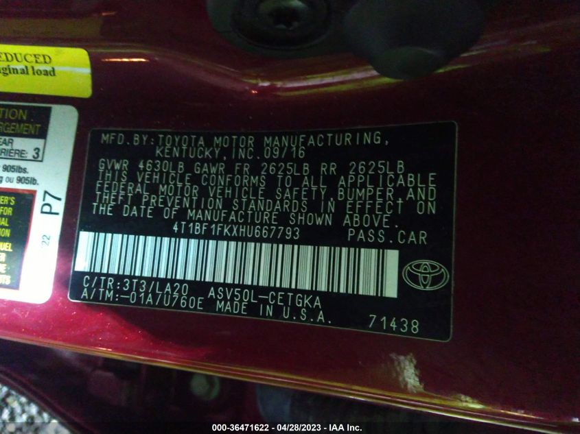 2017 TOYOTA CAMRY XLE/SE/LE/XSE - 4T1BF1FKXHU667793