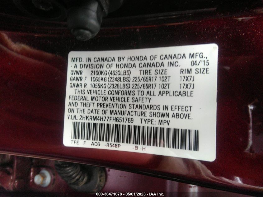 2015 HONDA CR-V EX-L - 2HKRM4H77FH651769