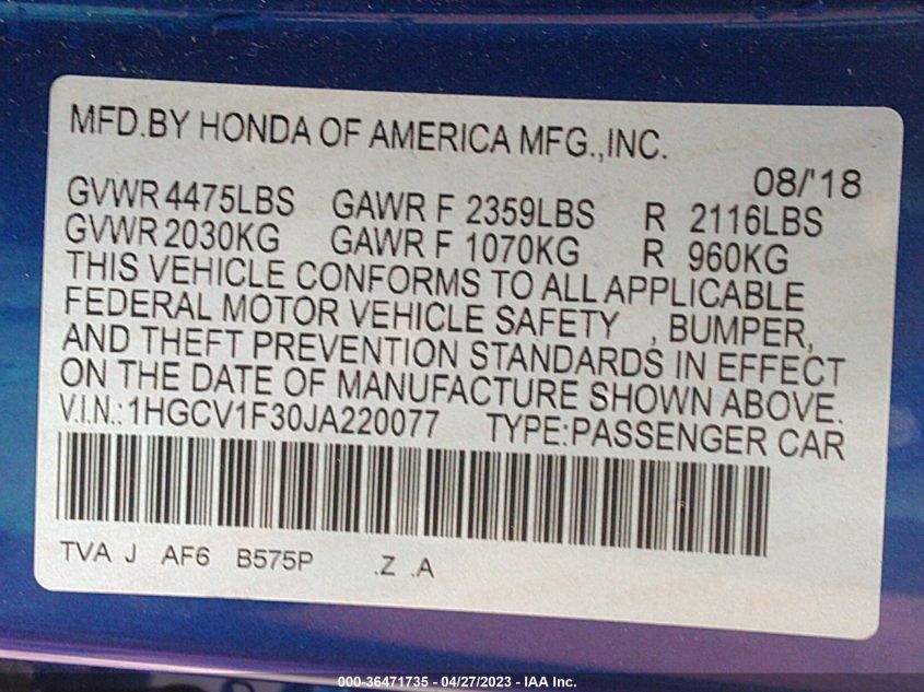 2018 HONDA ACCORD SEDAN SPORT 1.5T - 1HGCV1F30JA220077