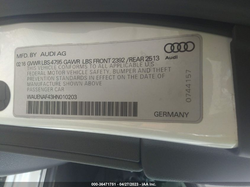2017 AUDI A4 PREMIUM PLUS - WAUENAF43HN010203
