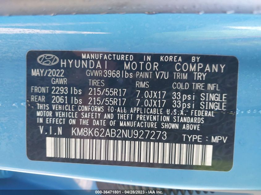 2022 HYUNDAI KONA SEL - KM8K62AB2NU927273
