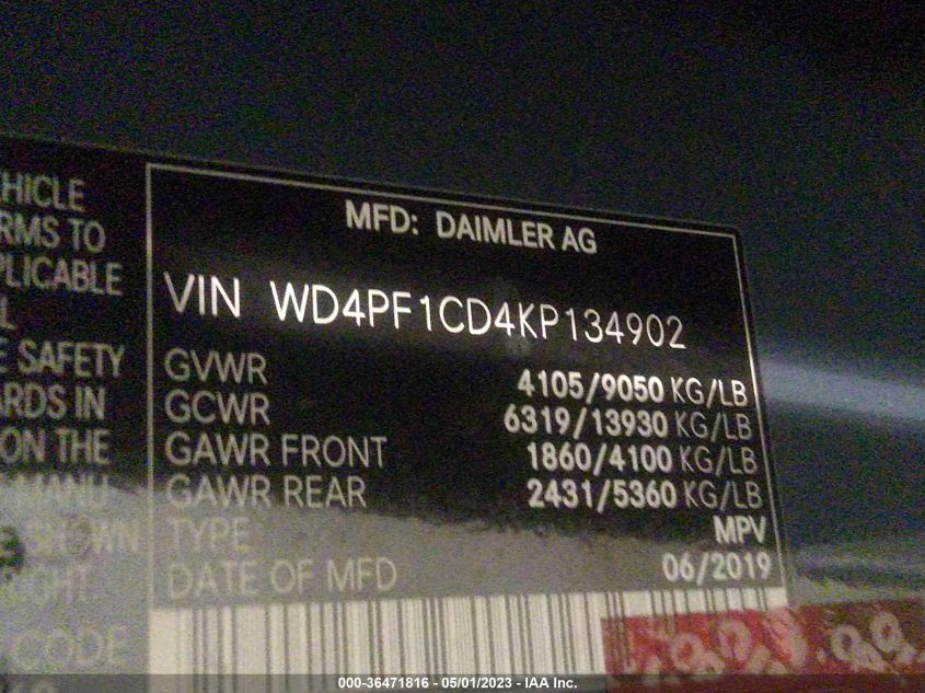 2019 MERCEDES-BENZ SPRINTER VAN WD4PF1CD4KP134902
