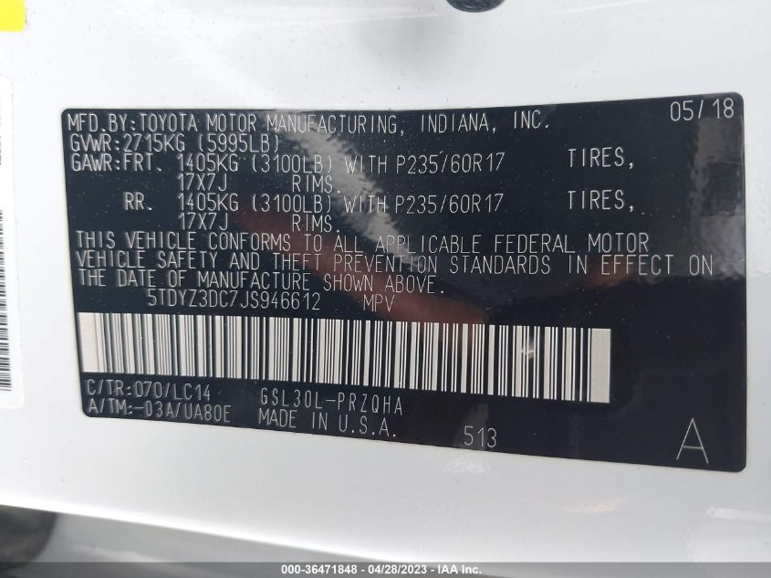 2018 TOYOTA SIENNA XLE AUTO ACCESS - 5TDYZ3DC7JS946612