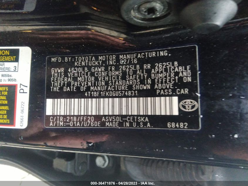2016 TOYOTA CAMRY XLE/SE/LE/XSE - 4T1BF1FK0GU574831