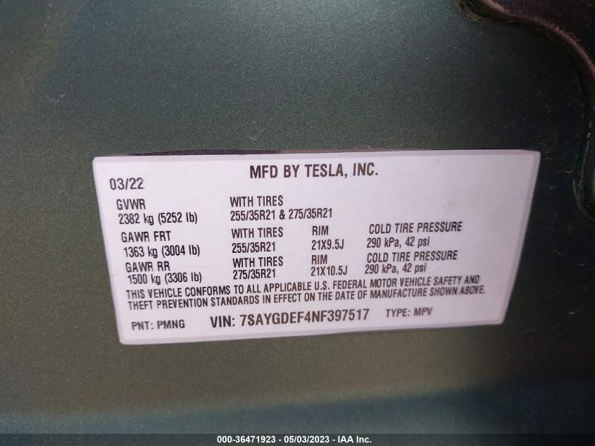 2022 TESLA MODEL Y PERFORMANCE - 7SAYGDEF4NF397517